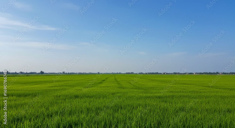Obraz premium Wide Paddy Field with Golden Grains and Blue Sky