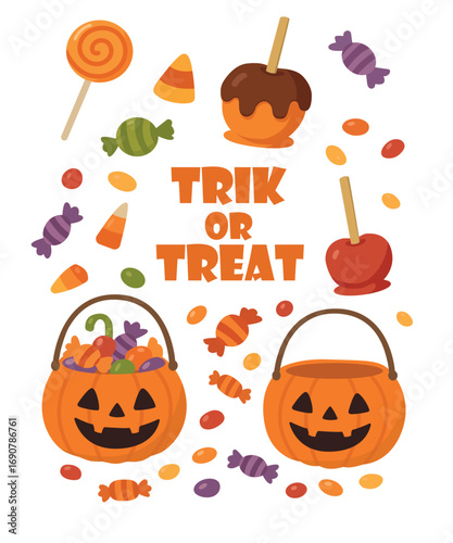 Halloween Candy and Pumpkin Baskets Vector Illustration. Flat design illustration with sweets, lollipops, caramel apples and pumpkin baskets. Perfect for holiday cards, posters, invitations, stickers