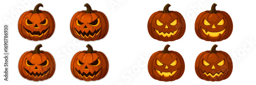Collection of spooky Halloween jack o' lanterns with various evil and grinning carved faces and glowing eyes isolated on a white background