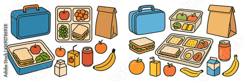 Collection of school lunch items including lunch box, paper bag, sandwich, fruit, and drinks isolated on a white background