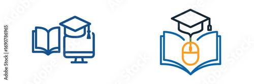 Online education and e-learning icon set with graduation cap, computer monitor, and book symbols for distance learning and digital courses