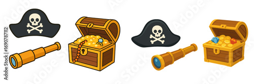 Pirate adventure icon set with treasure chest full of gold coins and jewels, captain hat with skull and crossbones, and a spyglass for exploration