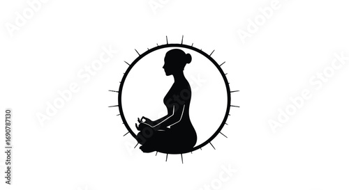 Serene silhouette of a woman meditating within a radiant circular emblem, embodying peace and mindfulness.