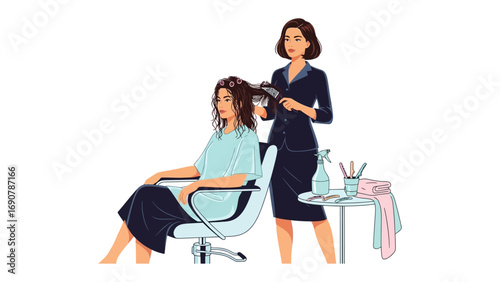 Professional female hairdresser styling a client s long brown hair with a comb and scissors in a modern salon setting