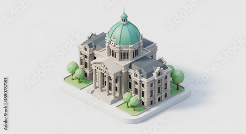 Isometric 3d rendering of a courthouse building with a green dome, surrounded by trees