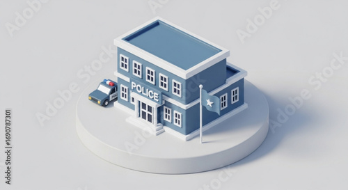 Isometric police station with a police car parked nearby, a symbol of law enforcement and community safety