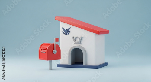 Isometric post office with a mailbox, a symbol of postal service, delivery, and communication