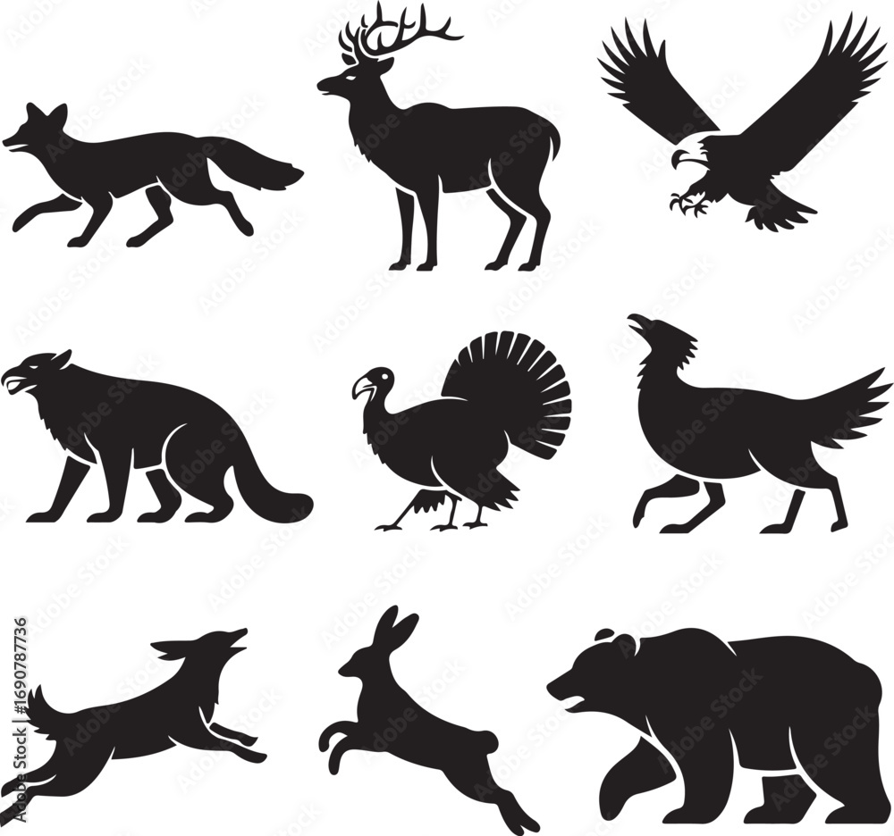 Fototapeta premium Wild Animal Silhouettes Featuring Fox Deer Eagle Turkey Wolf Rabbit Bear vector illustration