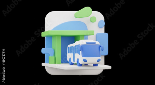 A whimsical 3d bus stop icon featuring a colorful bus and shelter, isolated on, representing public transportation