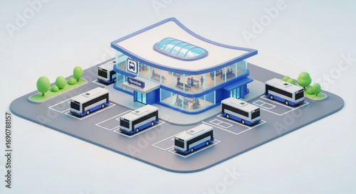 Isometric view of a modern bus station with buses parked in parking lots, showcasing urban transport infrastructure
