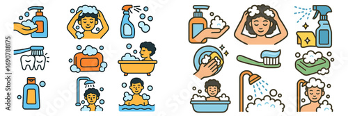 Personal hygiene and cleaning icon set showing daily routine activities like washing hands, brushing teeth, showering, and bathing
