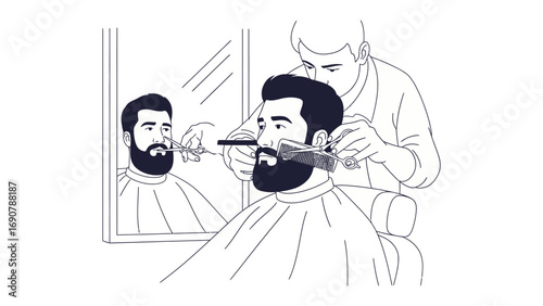 Barber meticulously trimming a man s beard with scissors and comb in a vintage style barbershop reflecting in a mirror