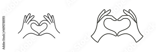 Two hands making a heart shape gesture as a symbol of love and affection. Minimalist line art icon set isolated on a white background for valentine's day