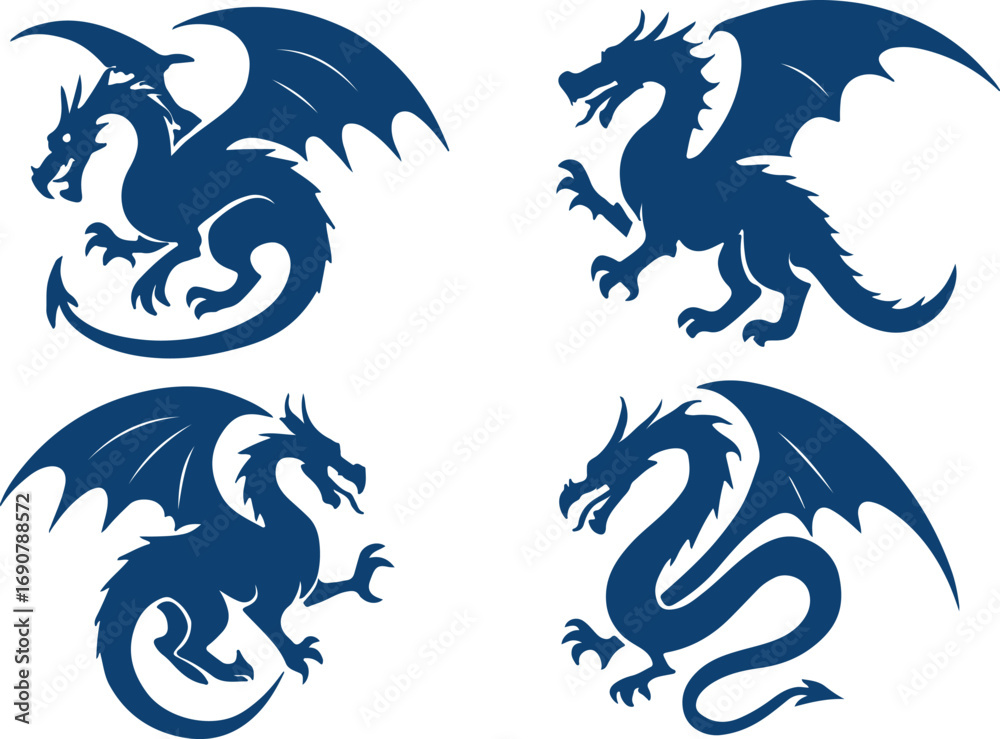 Naklejka premium Black silhouette set dragons isolated vector
