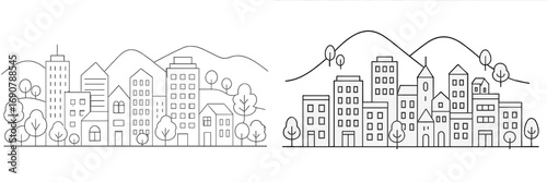 Minimalist line art cityscapes with urban buildings and trees against a mountain background, set of two horizontal banners