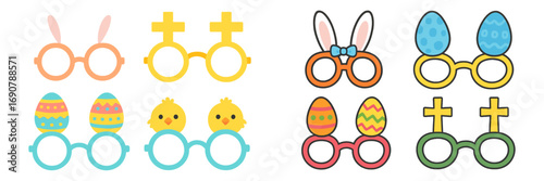 Easter party glasses set with bunny ears, decorated eggs, cute chicks, and religious crosses for photo booth props