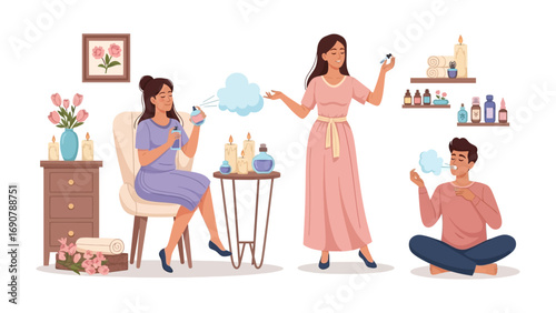 Three diverse people enjoying a relaxing spa day at home applying skincare products and blowing bubbles in a cozy well lit room