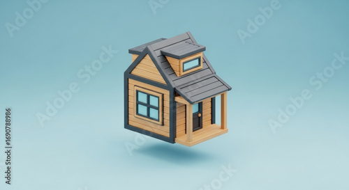 A charming miniature house floats in a serene blue space, showcasing its quaint design and inviting windows, creating a sense of wonder