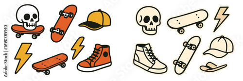 Set of retro skateboarding culture stickers with cartoon skull, skateboard deck, high-top sneakers, and baseball cap icons