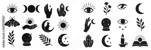 Collection of mystical and esoteric symbols featuring celestial elements like moon phases, sun, and stars, with magical icons such as a crystal ball, moth, and all-seeing eye