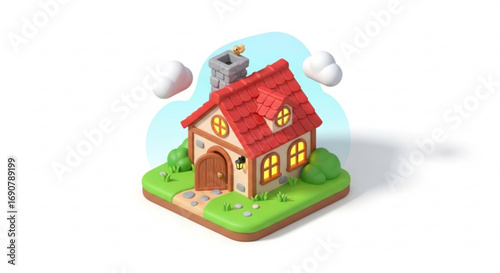 Charming cartoon house with red roof, chimney, and glowing windows, surrounded by clouds and greenery