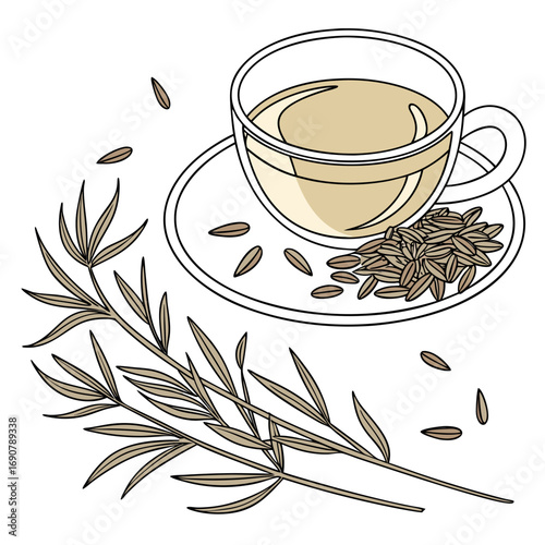 A clear glass cup of pale liquid sits on a saucer with cumin seeds and a sprig of dill