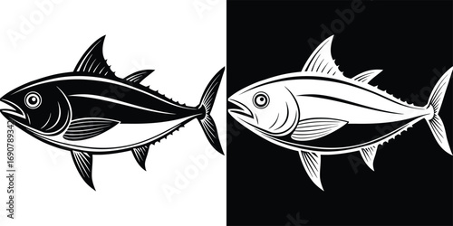 Dynamic tuna fish graphic, bold black and white design, perfect for seafood branding and nautical themes