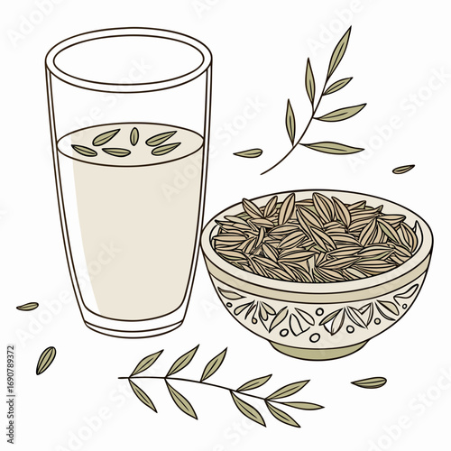 A glass of milky drink with fennel seeds floating and a bowl of fennel seeds with sprigs and seeds scattered around