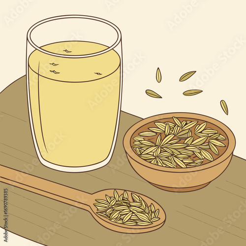 A glass of refreshing fennel seed infused water next to a bowl and spoon filled with fennel seeds