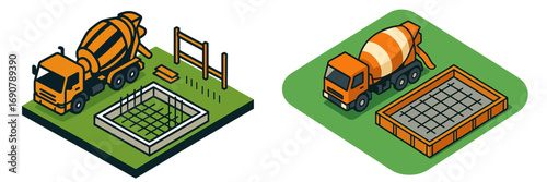 Isometric concrete mixer truck and building foundation construction process with rebar and formwork set