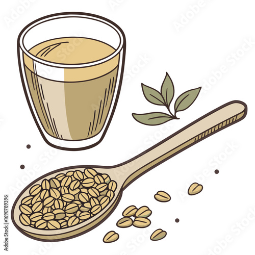 A glass of oat milk with a wooden spoon full of oats and some scattered oat grains