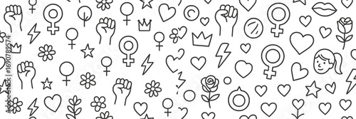 Seamless pattern with feminist symbols like the Venus sign, raised fist, hearts, and flowers in a simple line art doodle style
