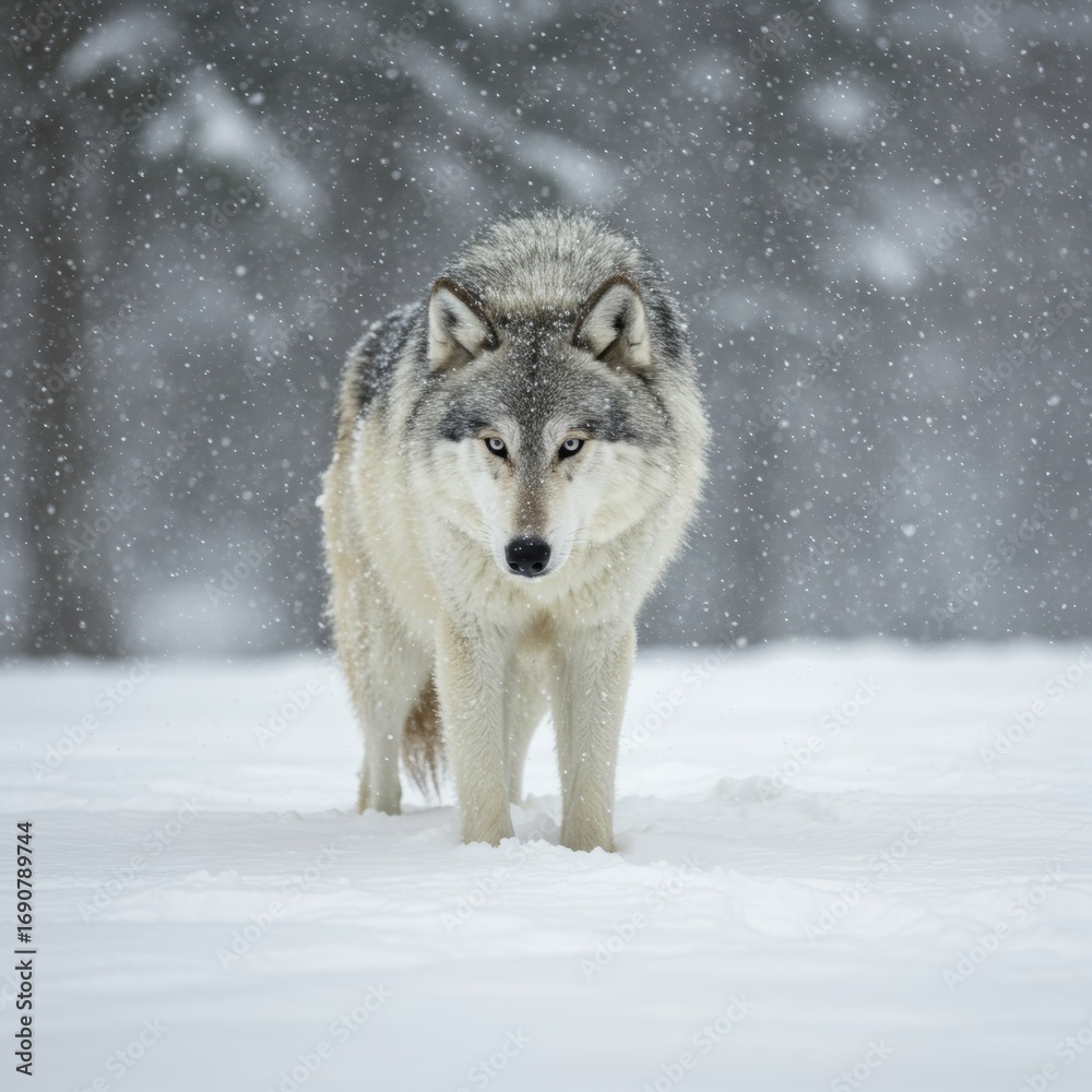 Obraz premium Majestic gray wolf stands in a snowy winter landscape.