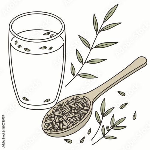 Hand drawn illustration of a glass of water with fennel seeds and a wooden spoon full of fennel seeds and sprigs