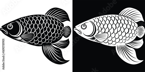 Elegant black and white fish illustration in contrasting backgrounds, perfect for aquatic themes and decor