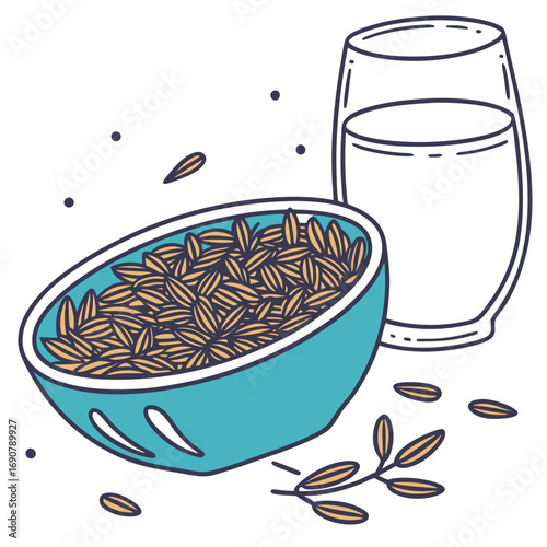 Healthy breakfast illustration of a bowl of oats with a glass of milk and scattered grains