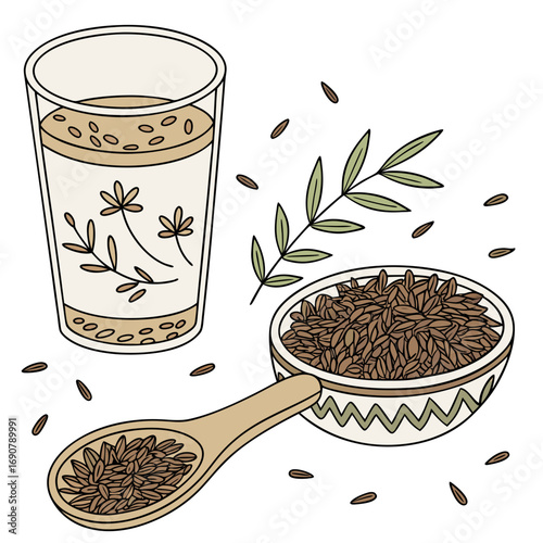 Healthy flax seeds in a wooden spoon and bowl with a glass of flaxseed water and plant sprig