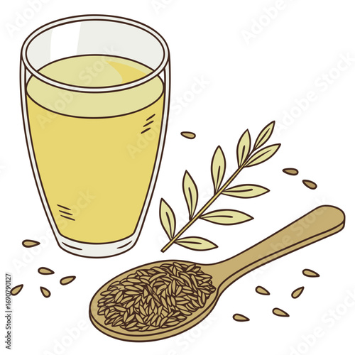 Illustration of a glass of flaxseed oil with a wooden spoon full of flaxseeds and a sprig of flax