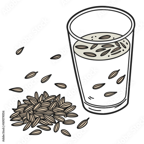 Illustration of a glass of water with cumin seeds and a pile of cumin seeds scattered around