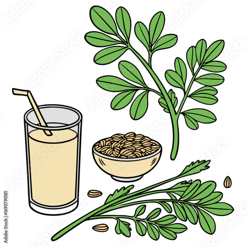 Illustration of fenugreek seeds leaves and a glass of fenugreek water with a straw on a white background