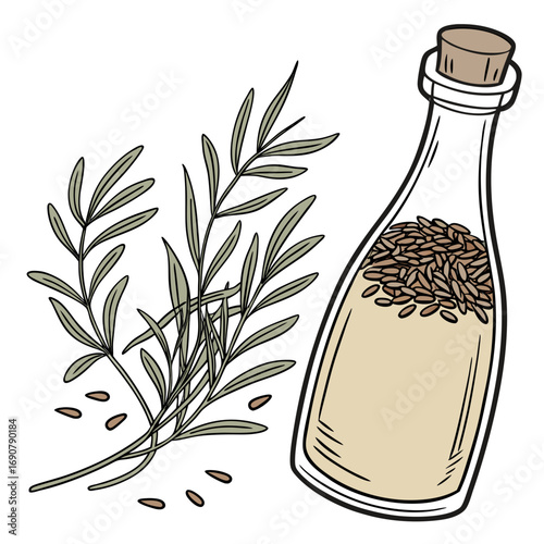 Illustration of flax plant branches and a glass bottle filled with flax seeds and flaxseed oil
