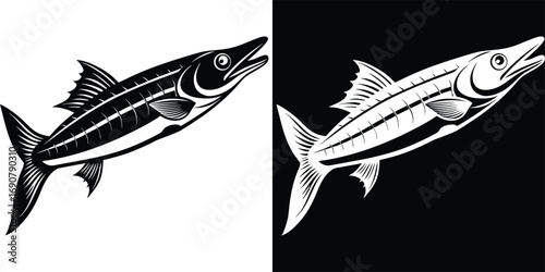 Dynamic predatory barracuda fish illustration in bold black and white artistic style, perfect for marine sports logos and ocean adventure designs