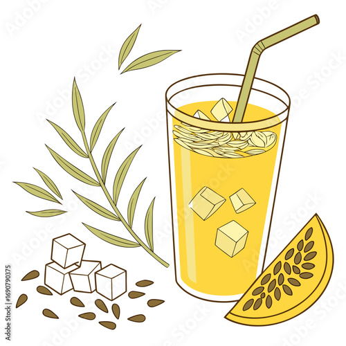 Refreshing yellow passion fruit juice with ice cubes sugar cubes seeds and a sprig of leaves