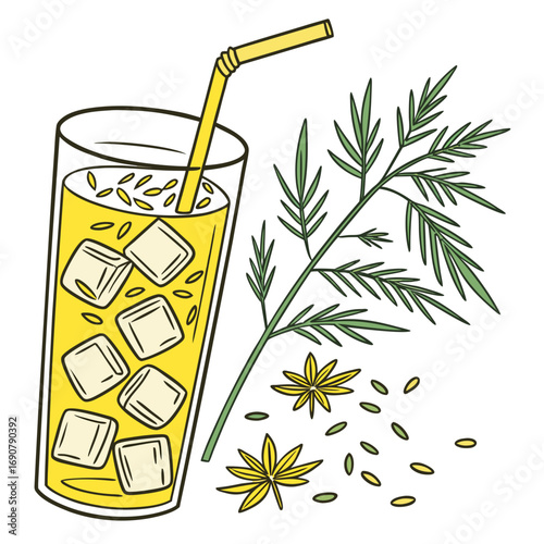 Refreshing yellow drink with ice cubes and straw next to a dill sprig and star anise