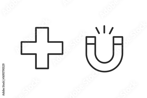 Minimalist line icons of a plus sign and a horseshoe magnet representing positive attraction, engagement, and customer retention