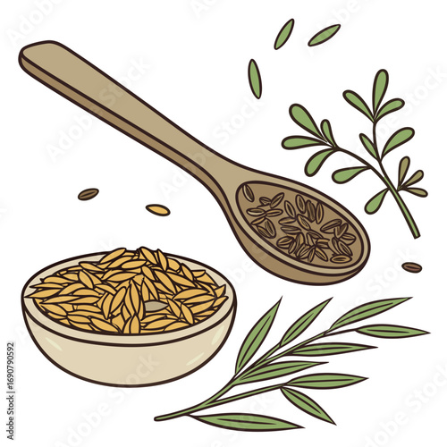 Wooden spoon and bowl filled with flax seeds and sprigs of flax plant on white background