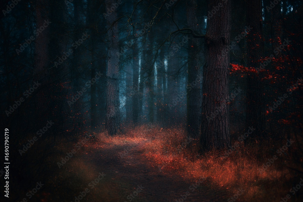 Fototapeta premium Enchanted forest path with misty atmosphere, towering trees, and captivating red foliage. Explore serene nature, mystery, and adventure.