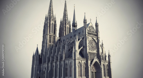Dramatic view of a gothic cathedral with spires and intricate details, rendered in a vintage style on a, religious architecture