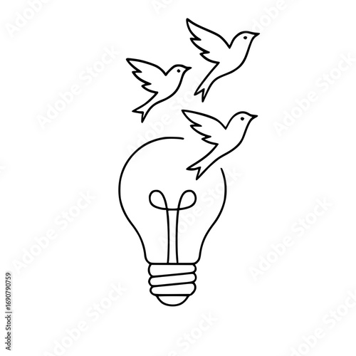  A light bulb from which birds fly out an idea turns into freedom
