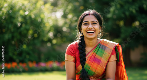 Joyful Woman in Vibrant Traditional Sari, Outdoor Portrait